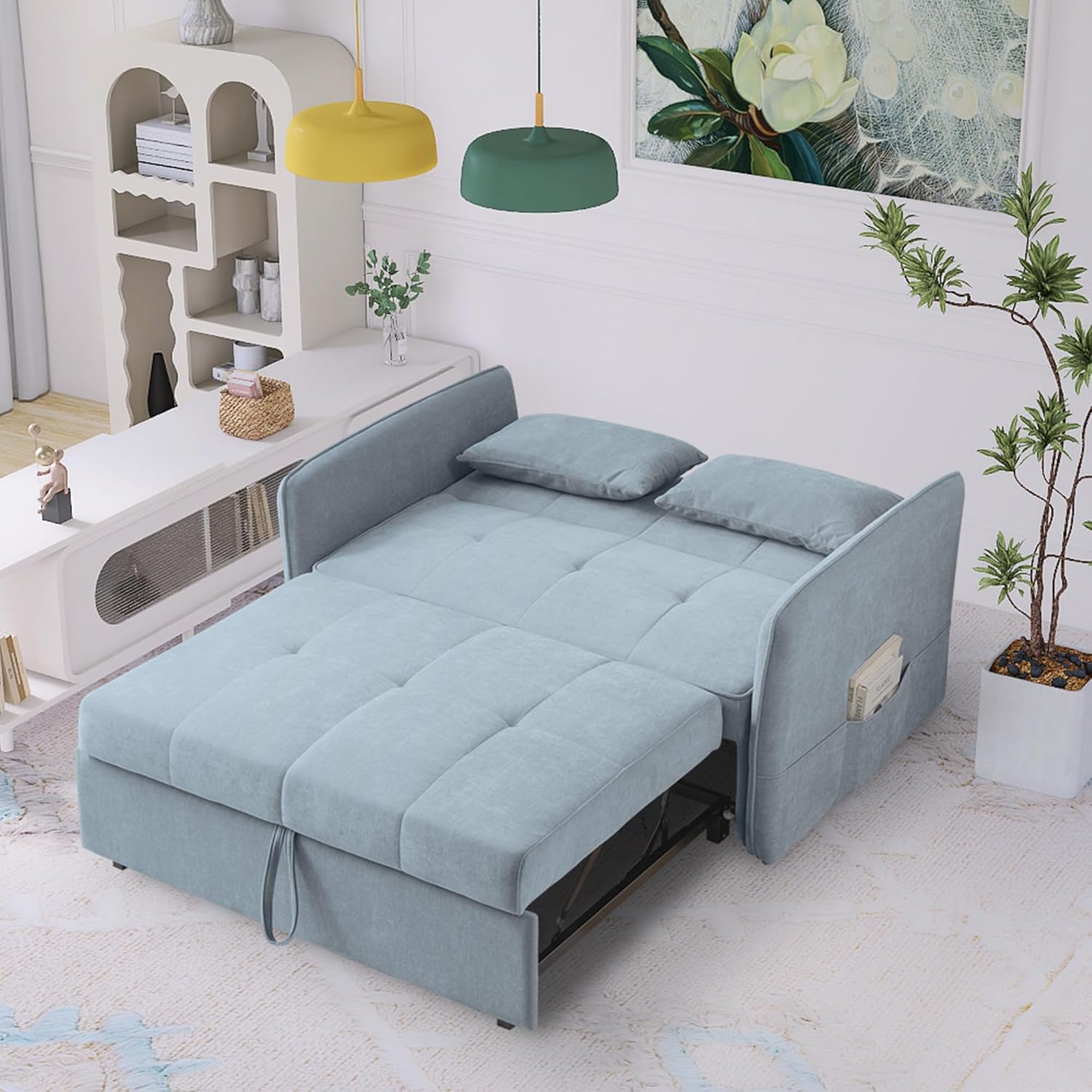 53.5in 3 in 1 Multi-Function Chenille Fabric Double Sofa Bed Post-Modern Minimalist with Pull-Out Bed with Adjustable Backrest/Lumbar Pillow/Side Pockets Storage, Bluish Grey, SFC848003