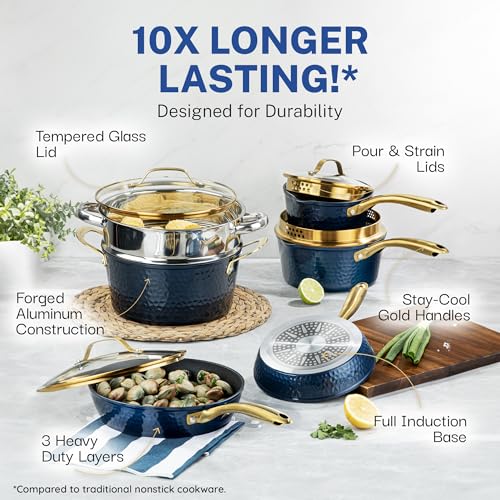 Granitestone 15 Pc Kitchen Pots and Pans Set Non Stick, Pot and Pan Set, Kitchen Cookware Sets, Induction Cookware Set, Non Stick Pots and Pan Set with Lids, Pot Set, Dishwasher Safe, Navy Gold