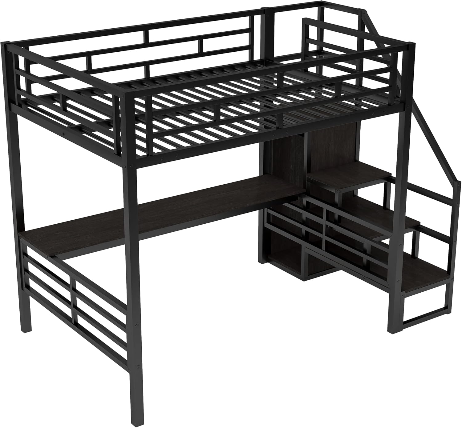 CITYLIGHT Full Loft Bed with Desk and Wardrobe,Metal Loft Bed Full Size with Storage Stairs and Guard Rail,Space Saving Loft Bed with Desk Underneath for Kids Teens,Black