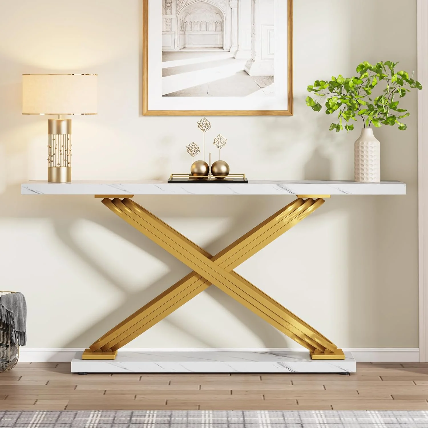 Tribesigns 55" Long Sofa Table, Modern Faux Marble Console Table Behind Sofa Couch for Entryway, Living Room, White & Gold
