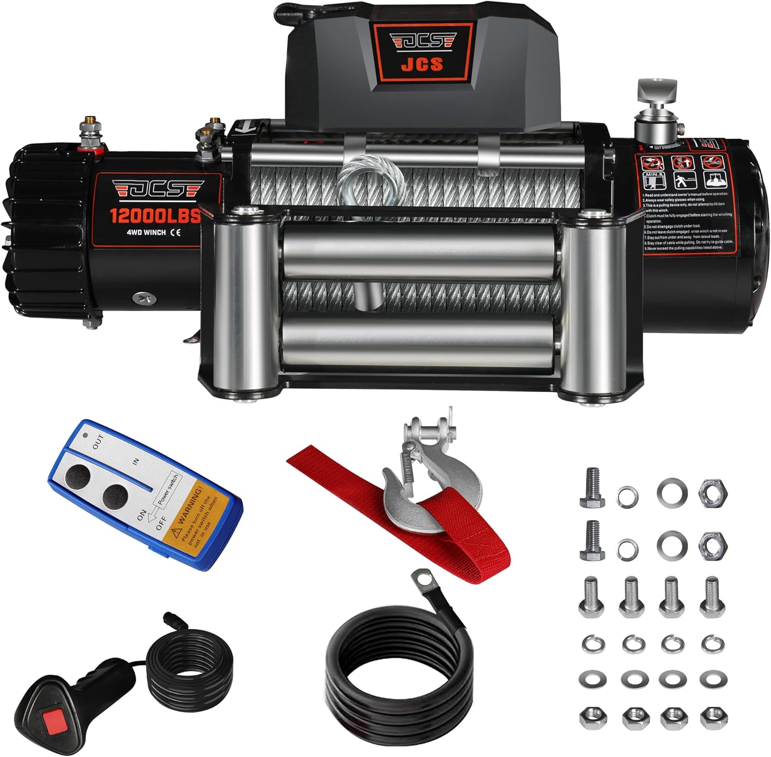 JCS 12000 lb. Electric Winch Load Capacity.12V Winch Cable Steel Wire Electric Winch with Hawse Fairlead,Waterproof IP67 Winch with Wireless Handheld Remotes and Wired Handle Winch Cover Waterproof