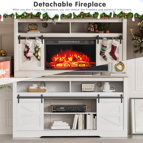 YESHOMY Farmhouse TV Stand for Televisions up to 65 Inches, Sliding Barn Doors and Storage Cabinets, Console Table and Media Furniture for Living Room, 58 Inch, Milk White