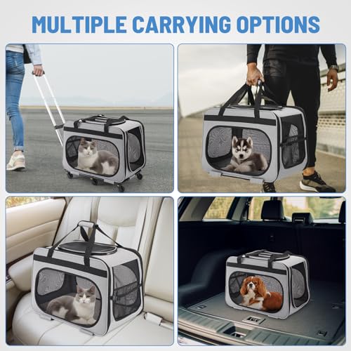 Extra Large Double Pet Carrier with Wheels for Small Dogs and All-Breed Cats, Cat Rolling Carrier for 2 Cats, Support up to 40 Lbs, Grey