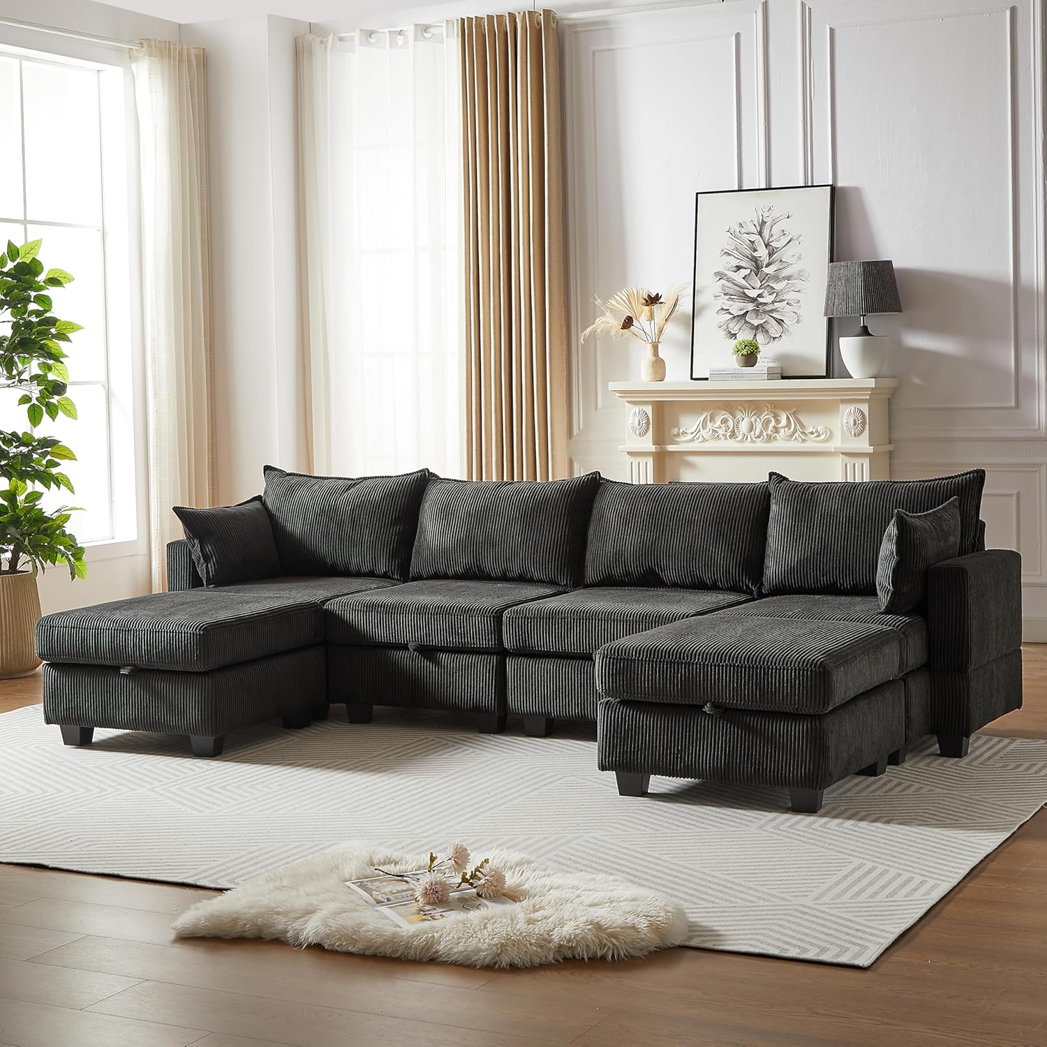 JUSTONE 113.5'' Modular Sectional Sofa with Storage, U Shaped Convertable Sectional Couch with Wide Chaise, Deep Seat Modular Sectional Sofa with Ottoman, Corduroy,Black