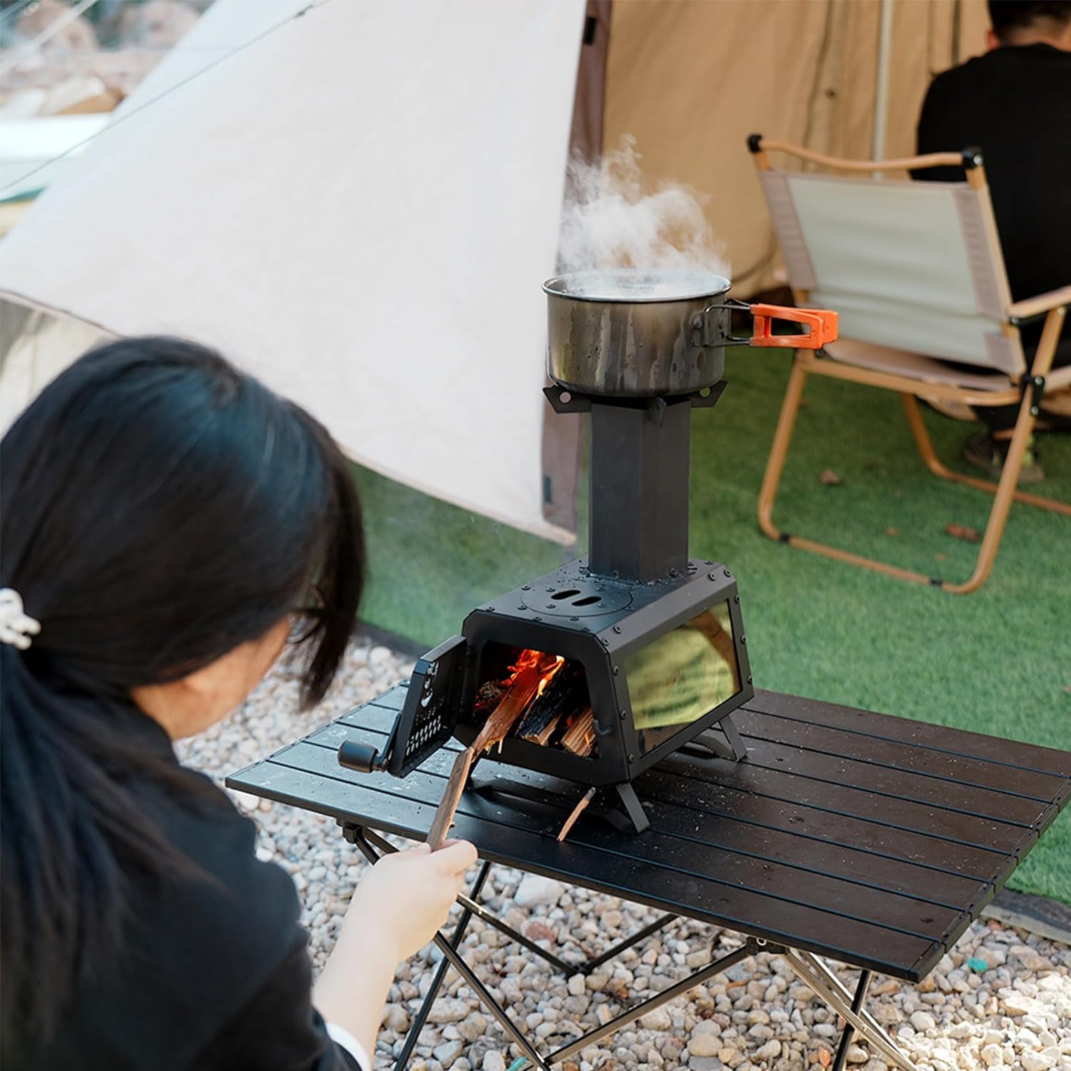 Wood Burning Stove with Fire Window,Portable Hot Tent Stove with 7 Sectional Chimney Pipes,Sturdy Camping Wood Stove with X-shaped Pot Holder for Outdoor Backpacking,Cookout,Hiking and Heating