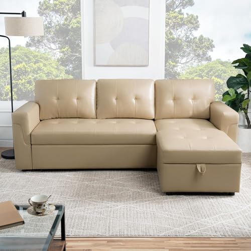 Naomi Home Jenny Sectional Sofa Sleeper with Storage Chaise, Tufted Pull Out Couch with Storage, L-Shaped Reversible Sleeper Sofa with Storage, Black,Air Leather