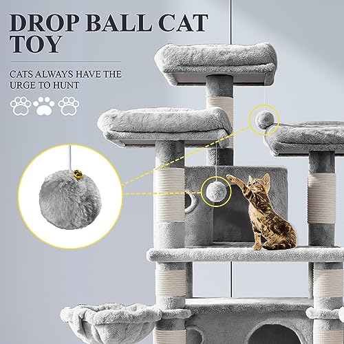 Allewie 68 Inches Cat Tree/House and Towers for Big Feline/Scratching Post/Multi-Level Large Kitty Climbing Tree with Condo/Smokey Grey