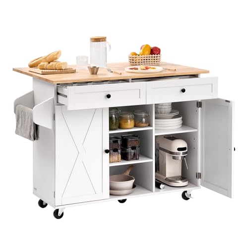 VEVOR Kitchen Island Cart with Solid Wood Top, 35.4" Width Mobile Carts with Storage Cabinet, Rolling Kitchen Table with Spice Rack, Towel Rack, and Drawer, Portable Islands on Wheels, White