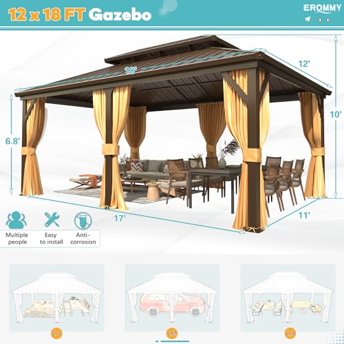 EROMMY 14'x20' Hardtop Gazebo Double Roof Galvanized Steel Canopy Outdoor Aluminum Frame Permanent Metal Pavilion with Netting and Curtains for Patio Backyard Deck and Lawns