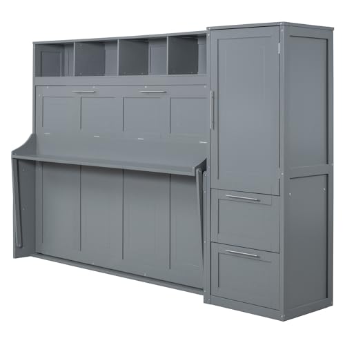 Linique Full Size Murphy Cabinet Storage Wall Bed with Closet and Drawers and Built-in Top Shelf,Hide a Bed on a Wardrobe Space Saving Design,Gray