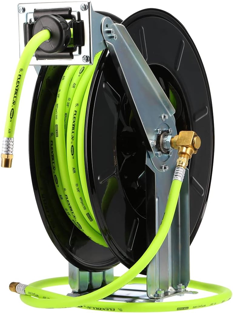 Flexzilla Pro Retractable Open Face Dual Arm Air Hose Reel, 3/8 in. x 50 ft., Heavy Duty, Lightweight, Hybrid, ZillaGreen - L8711FZ