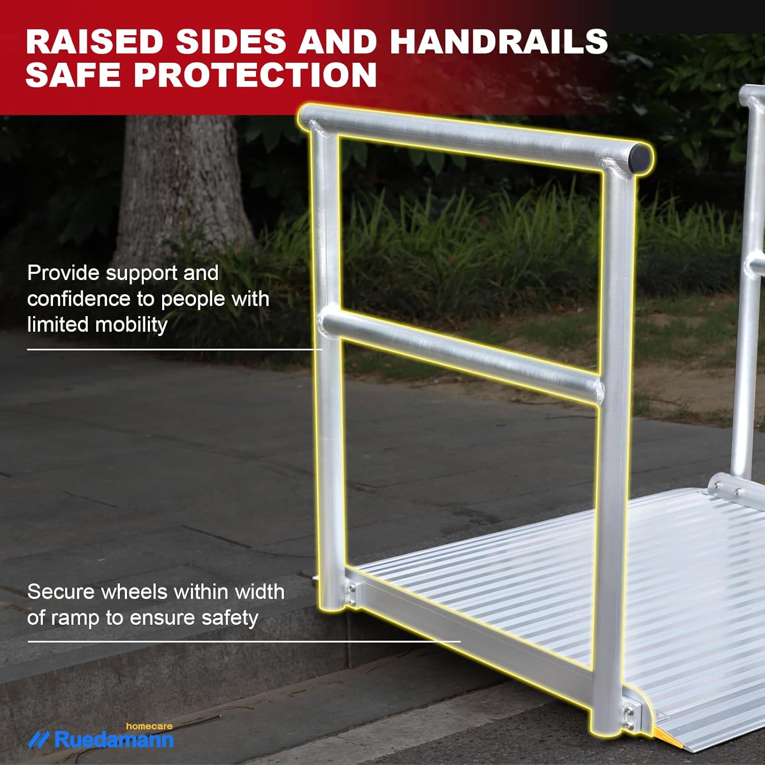 Ruedamann 3'L x 36" W Aluminum Wheelchair Ramp with Handrails, 600 Lbs Capacity Threshold Ramp for Home Steps Stairs Curbs, Non-Slip Access Ramp, Doorway Ramp for Wheelchairs Scooters Carts Walkers