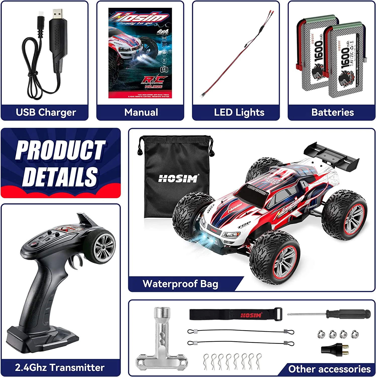 Hosim 1:12 RC Cars 2.4GHz Remote Control Car 4WD Off Road Monster Truck Buggy Toy for Boys Teens Adults Gifts