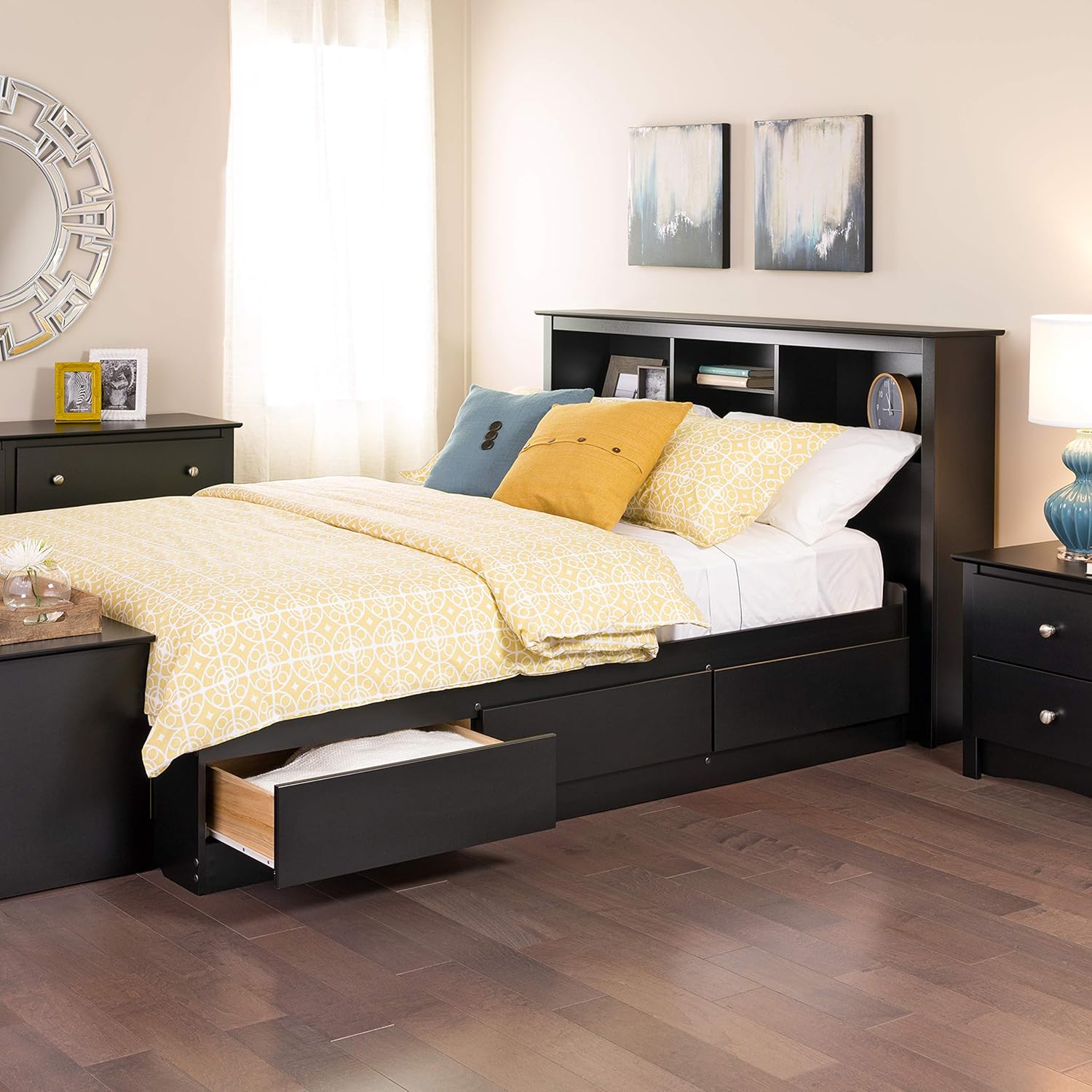 Prepac Full Mate's Platform Storage Bed with 6 Drawers, Black Freestanding Full/Queen Headboard with Bookcase