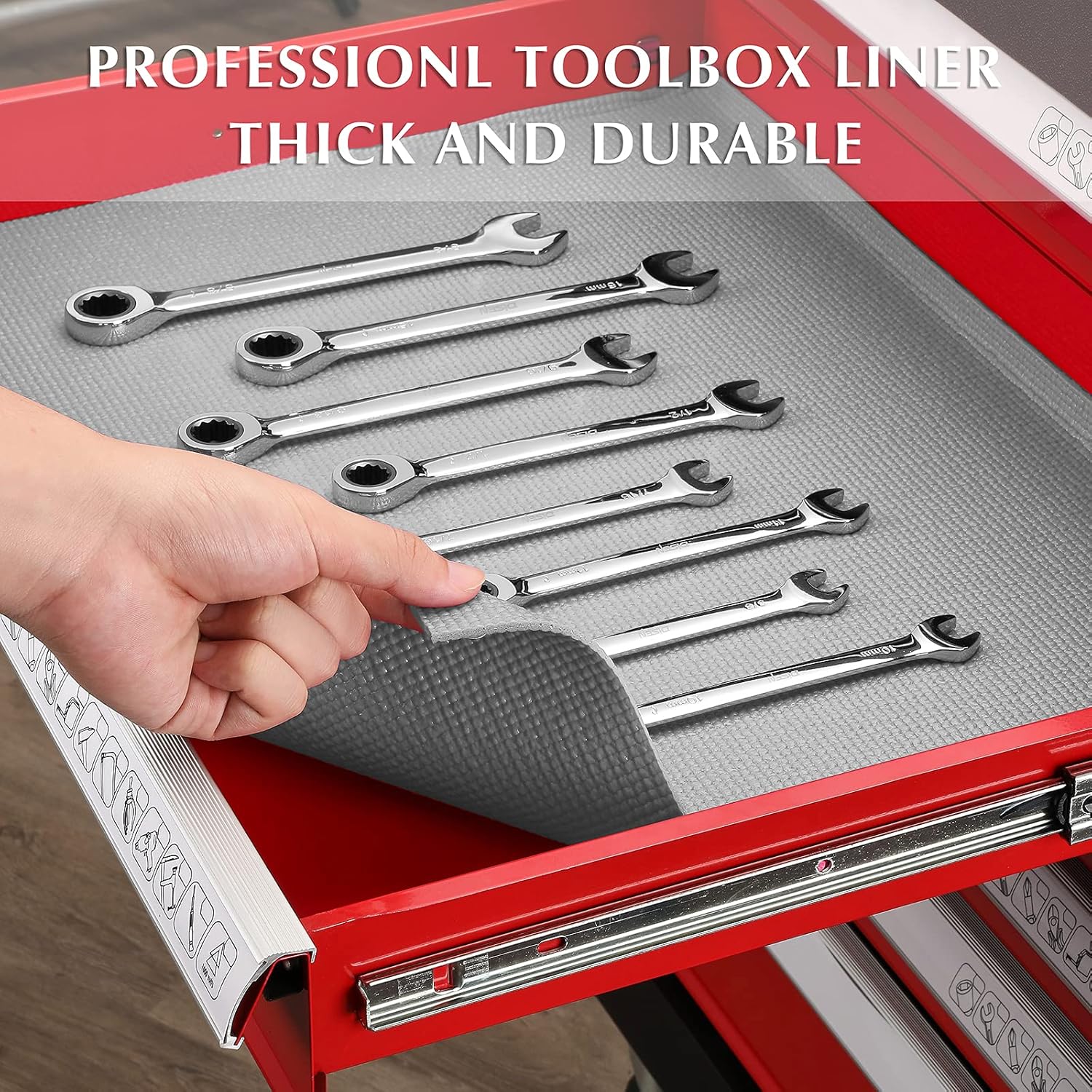 EMENTOL Professional Tool Box Liner and Drawer Liner, Grey-16 inch(W) x 16 feet(L),Thick Cabinet Liners, Non-Slip, Easy Cut and Adjustable, 3mm Thickness