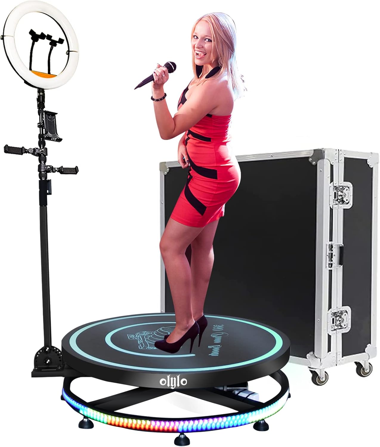 360 Photo Booth Machine for Parties with Free Logo Ring Light Selfie Holder Accessories,2 People Stand on Remote Control Automatic Spin 360 Video Camera Booth Platform Spinner 26.8” with Trolly