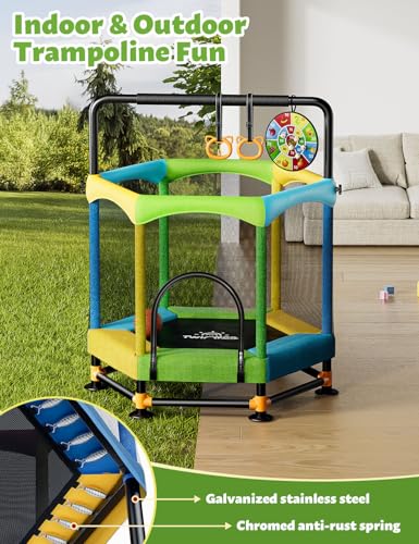 60" Trampoline for Kids, Twinkoo 5FT Fortified Toddler Trampolines with Anti-Rollover Bottom, Indoor/Outdoor Toddler Trampoline with Safety Enclosure, Adjustable Gymnastics Bars, Basketball Hoop
