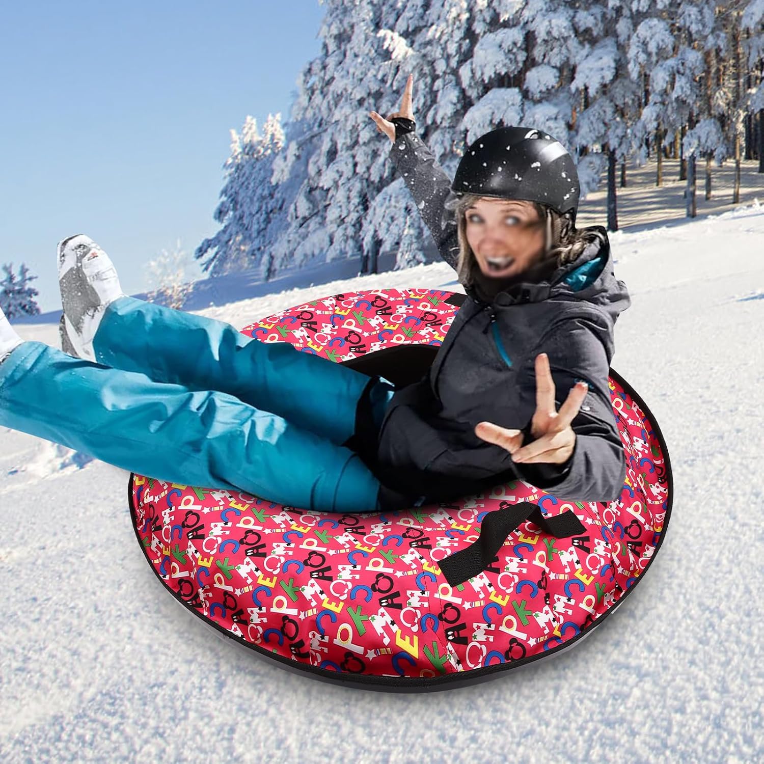 Snow Tube Heavy Duty with a Hard Plastic Bottom,90cm Oxford Cloth Inflatable Sledding Tube, Snow Sleds for Kids and Adult, Inflatable Sled(Include Cushion)