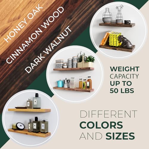Letto Solid Wood Floating Shelves, Set of 2, 10" D x 24" W x 1.57" H - Pine Wood and Environmentally Friendly Wood Floating Shelves, Water Resistant, Thick Wood, All-Included Set Up, Honey Oak Shelf