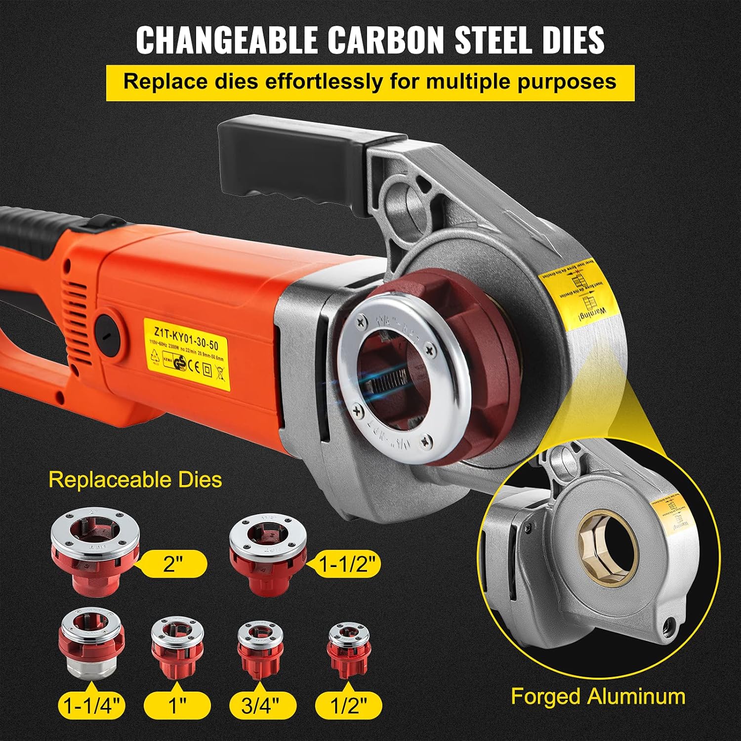 VEVOR Electric Pipe Threader, 2300W Pipe Threading Machine, Heavy-Duty Hand-Held Power Drive Kit, 110V Pipe Threader Machine Copper Motor, Portable Pipe Threader with 6 Dies 1/2"-2" and Carrying Case