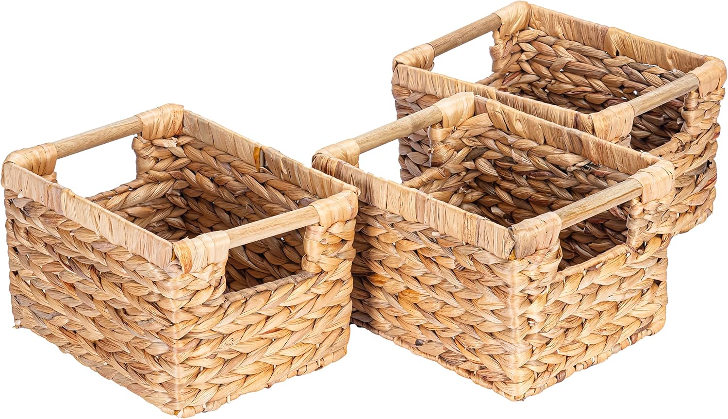 VATIMA Large Wicker Basket Rectangular with Wooden Handles for Shelves, Water Hyacinth Basket Storage, Natural Baskets for Organizing, Wicker Baskets for Storage 14.5 x 10.3 x 7.2 inches