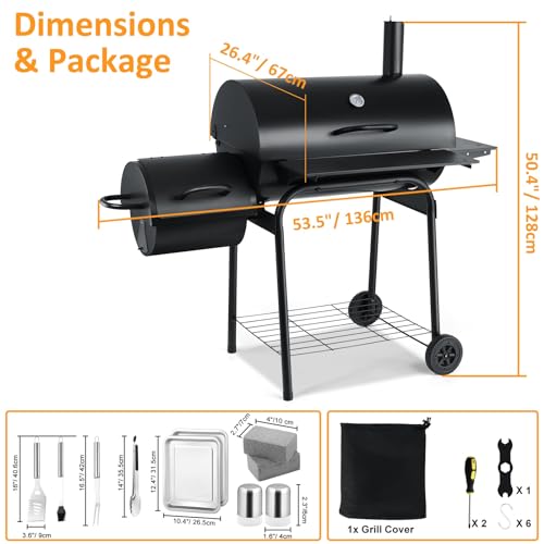 Charcoal Grill with Offset Smoker, Leonyo 13 Pcs Outdoor Charcoal Grill with Smoker, 445 Sq.in Barrel BBQ Grill with Cover & Chimney Starter, Barbecue Camping Charcoal Grills for Outdoor Backyard