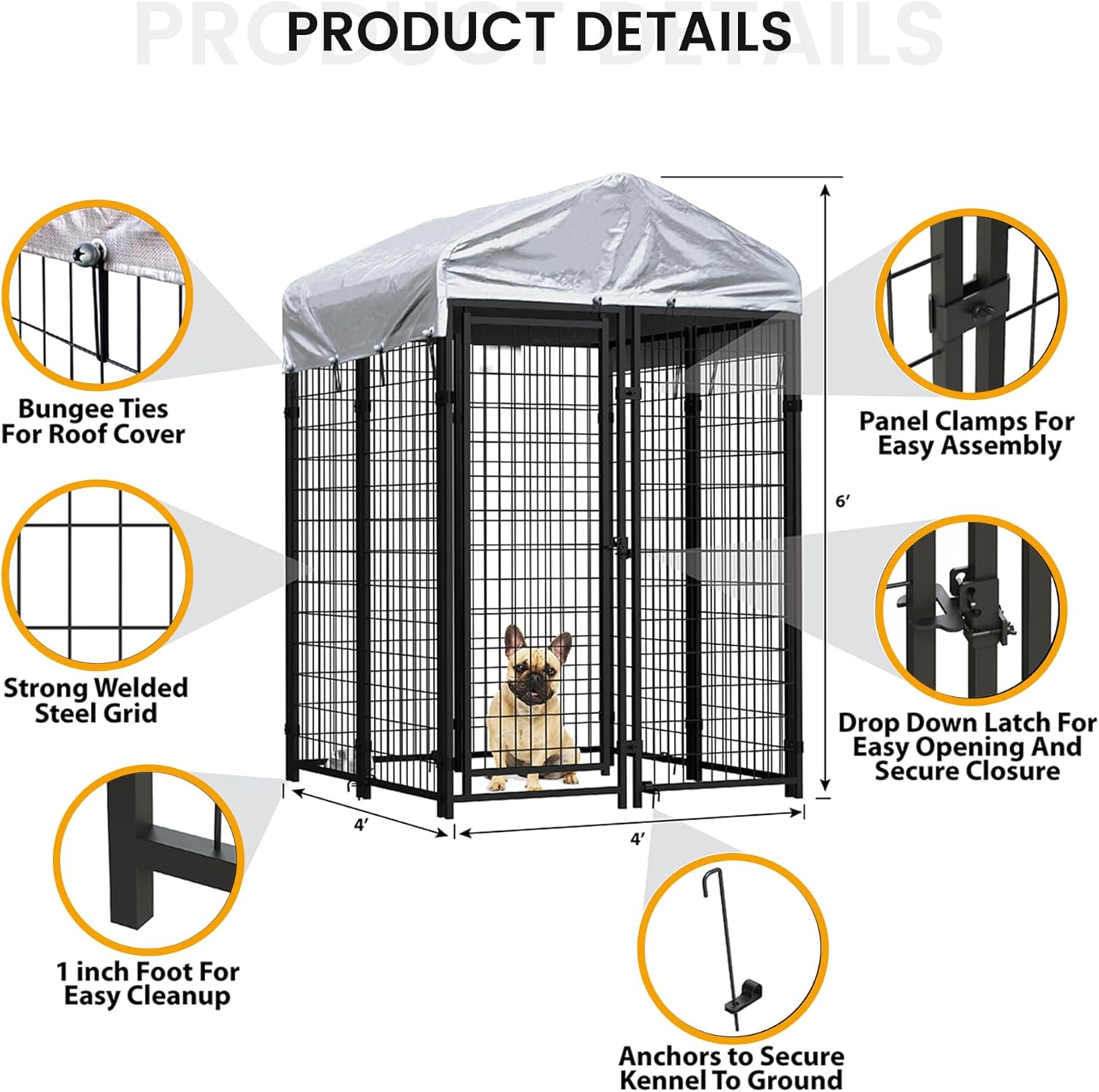 4' x 4' x 6' Large Dog Kennel Outdoor Play Pen, Metal Heavy Duty Dog Kennel Outside Dog Kennel with Roof Cover, Lockable Door