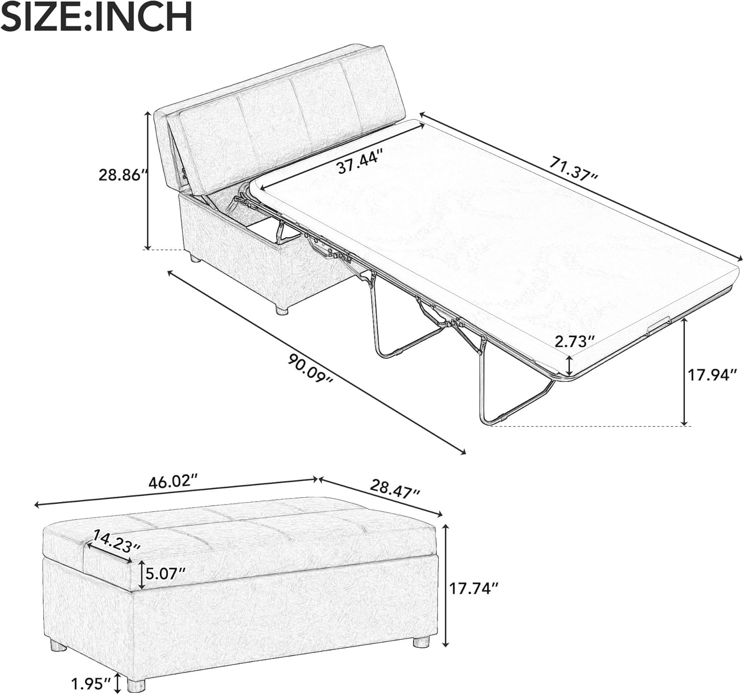 Twin Size Folding Ottoman Sleeper Bed with Mattress Convertible Guest Bed Light Gray Modern Couch for Bedroom,Apartment Sofa,Office Couch