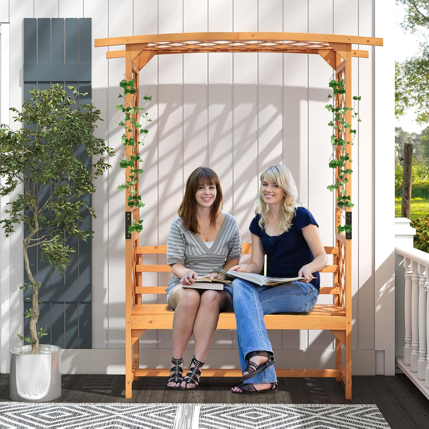 Happygrill Patio Garden Arbor with Bench, Garden Arch Trellis w/Pergola & Side Trellises for Climbing Plants Vines Grapes, 2-Seat Wooden Outdoor Bench, Garden Archway for Wedding Party Backyard