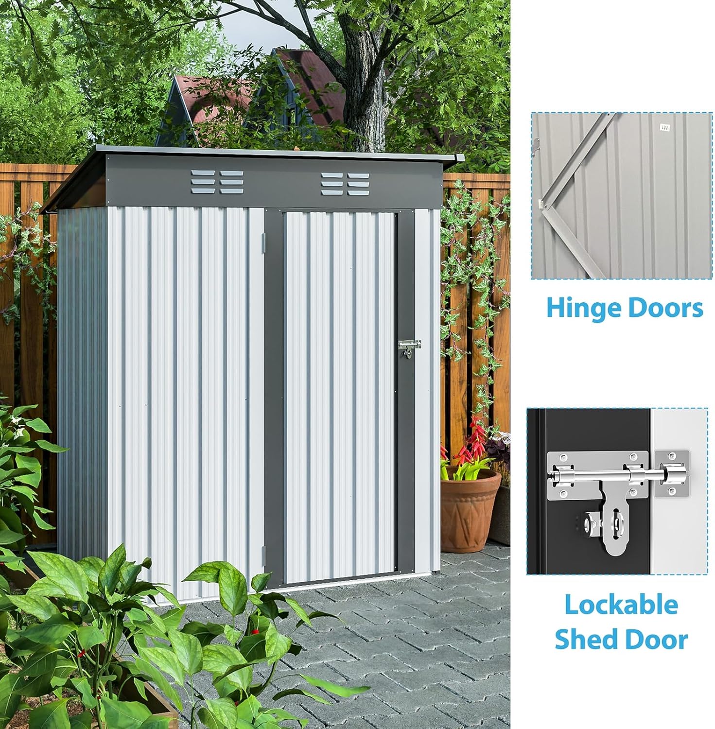 5 X 3 Ft Outdoor Storage Shed, Galvanized Metal Garden Shed with Lockable Doors, Tool Storage Shed for Patio Lawn Backyard Trash Cans