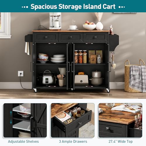Kitchen Island with Drop Leaf, Kitchen Cart with Charging Station, Kitchen Table with Storage, Rolling Island Table with 3 Drawers, Towel Rack and Spice Rack, White and Walnut