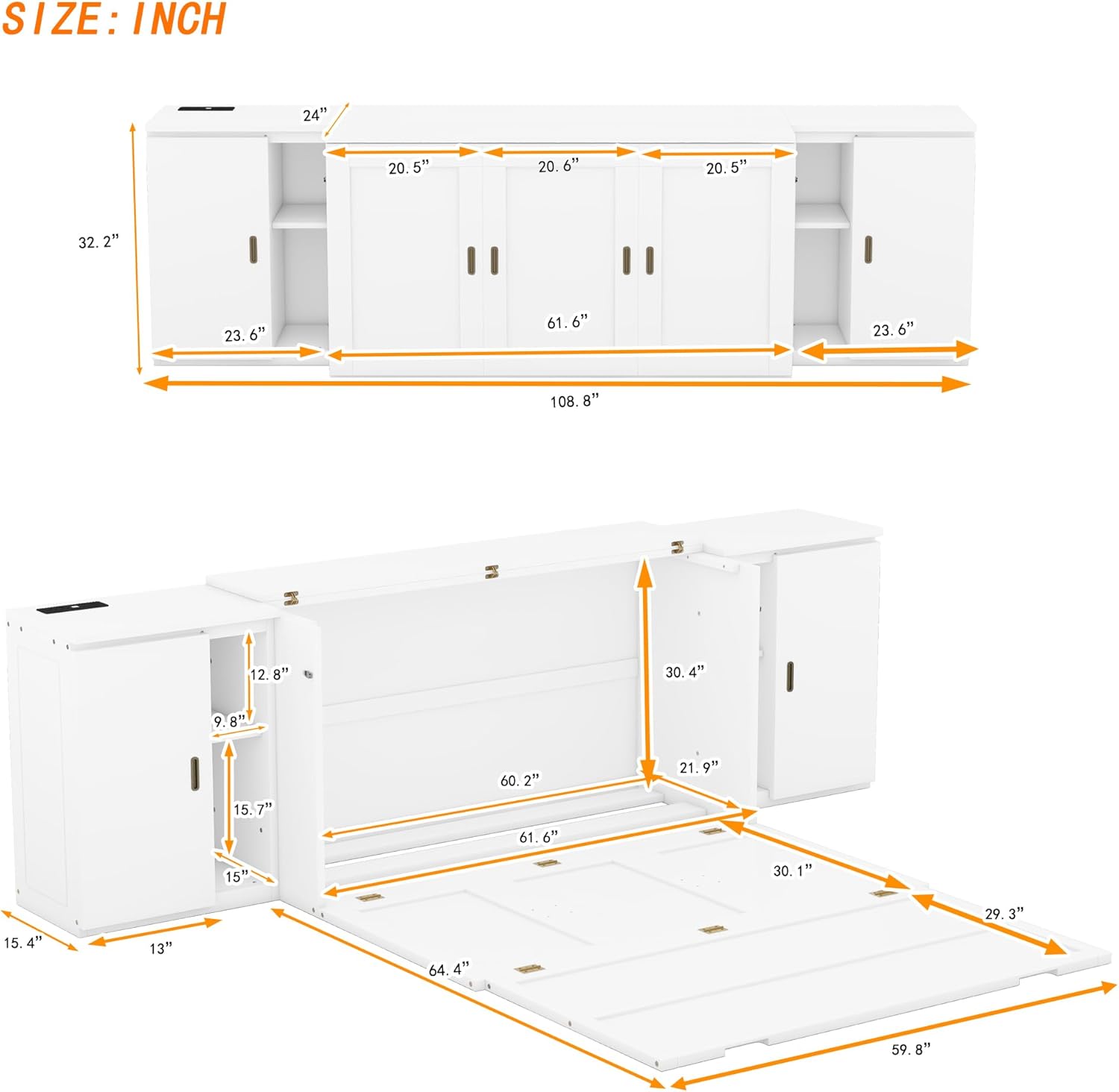 Queen Size Murphy Bed with Shelves and Cabinets,Murphy Wall Bed Queen with USB Ports,Queen Murphy Bed Cabinet for Kids,Boys,Girls,Adults,Bedrooms, Children's Rooms, Space Saving,White