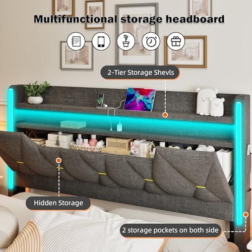 King LED Bed Frame with Hidden Storage and 2-Tier Storage Shelvs Headboard,Bed Frame with Charging Station and LED Lights,No Box Spring Needed, Dark Gray Linen Cloth