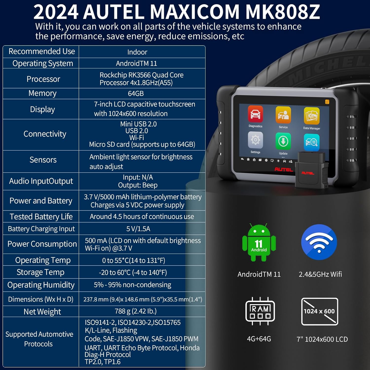 Autel MaxiCOM MK808Z Scanner, 2024 Bidirectional OBD2 Auto Scan Tool:Same as MK808S/MX808S, Alternative MaxiCheck MX900, Car Scanner Diagnostic Tool, 40+ Service Active Test Injector Coding Android 11