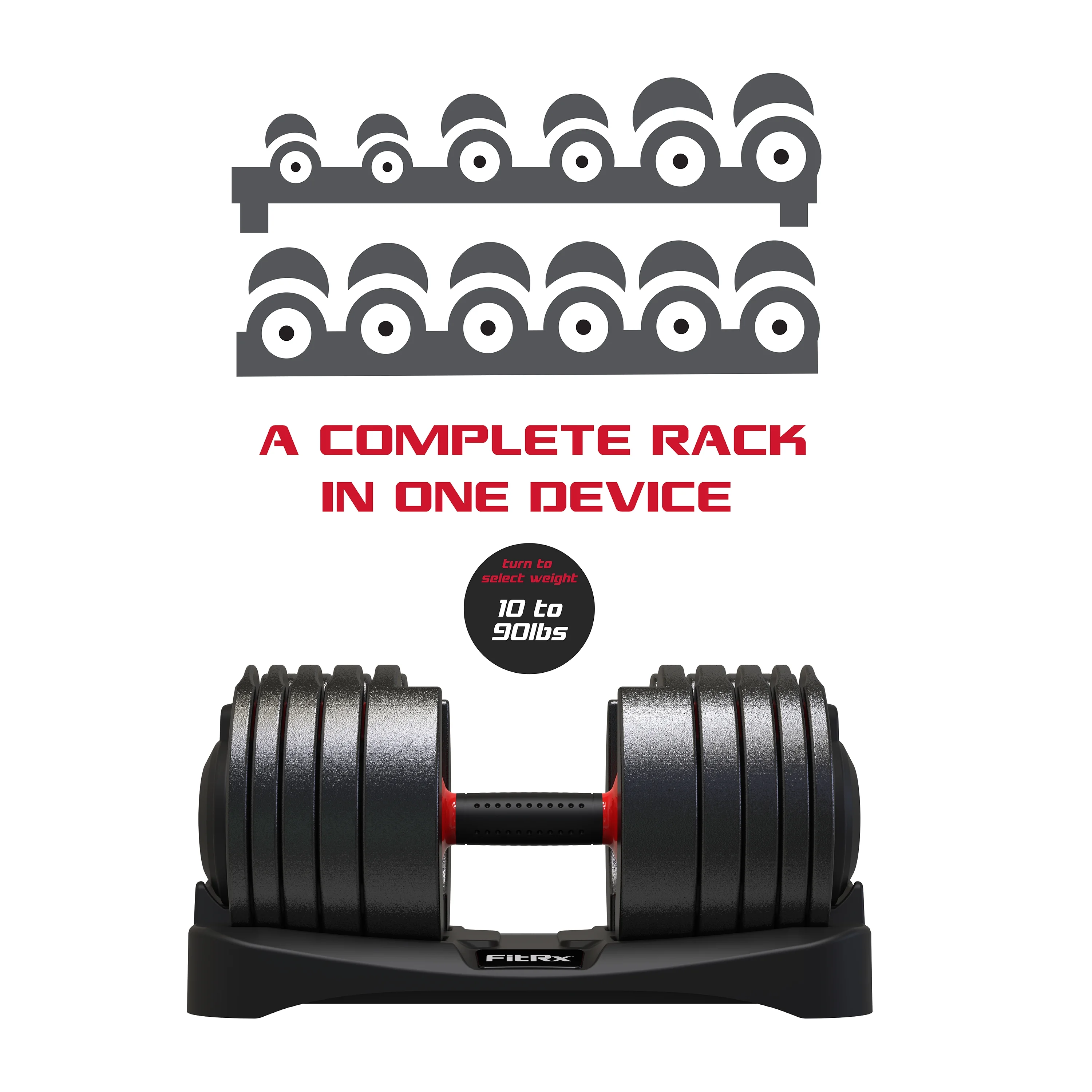 FitRx SmartBell XL, Quick-Select Adjustable Dumbbell, 10-90 lbs. Weight, Black, Single