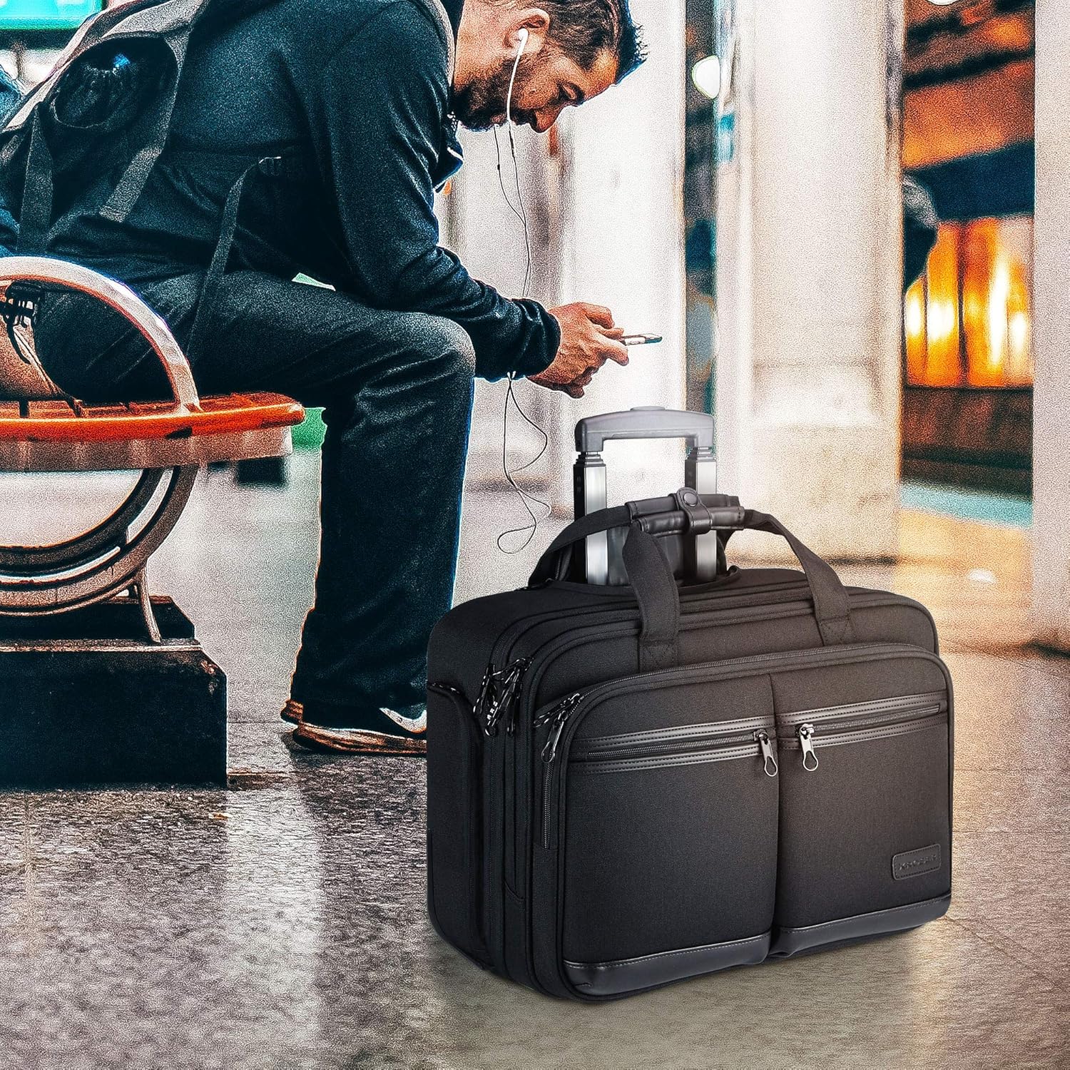 Rolling Laptop Bag Premium Rolling Briefcase Fits Up to 17.3 Inch Laptop Water-Repellent Overnight Rolling Computer Bag with RFID Pockets for Travel/Business/Men/Women-Black