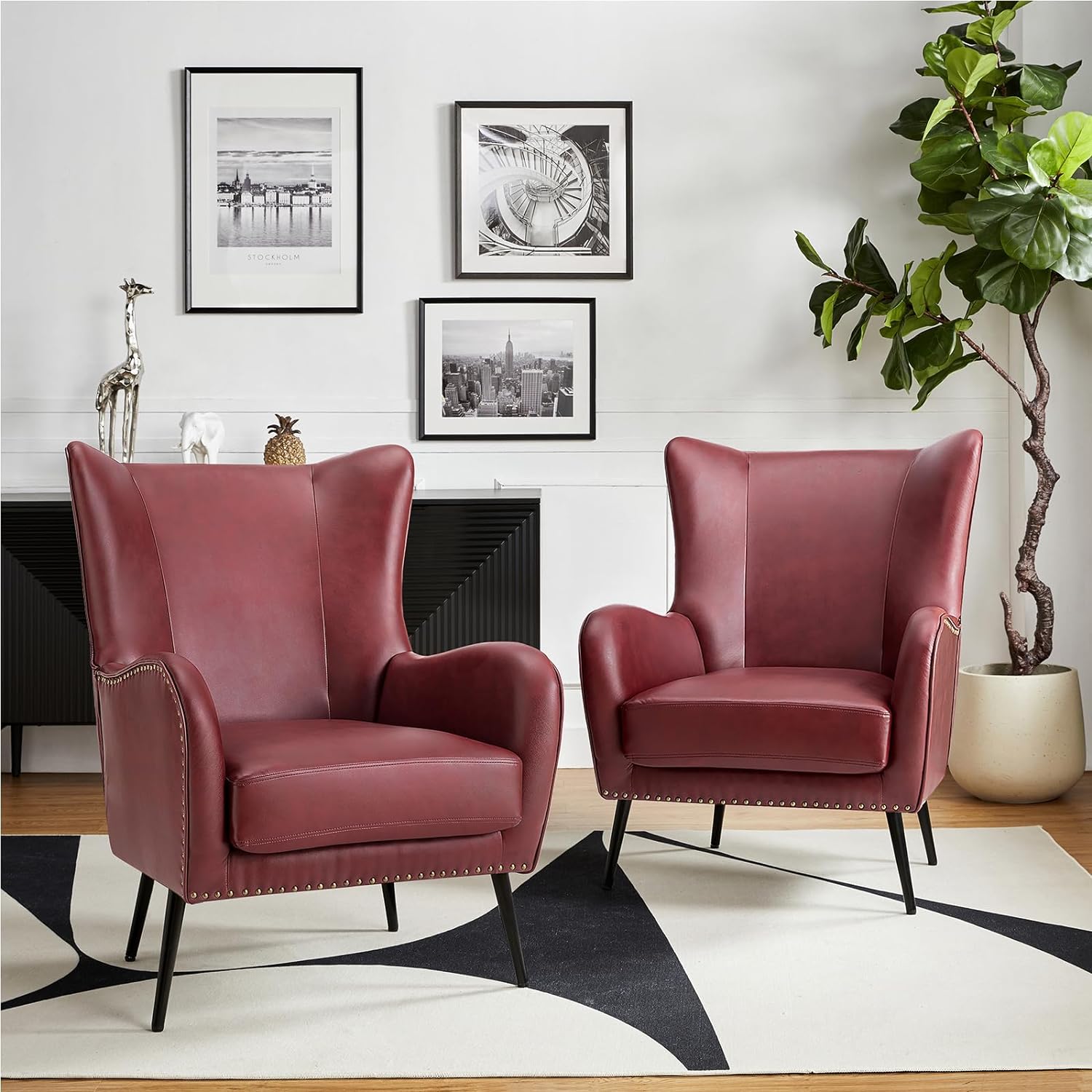 Faux Leather Accent Chair Set Of 2 W/Removable Cushion, Comfy Upholstered Armchair With Metal Legs & Nailhead Trim Wingback Vanity Chair Desk Chair For Reading Living Room Bedroom,BURGUNDY