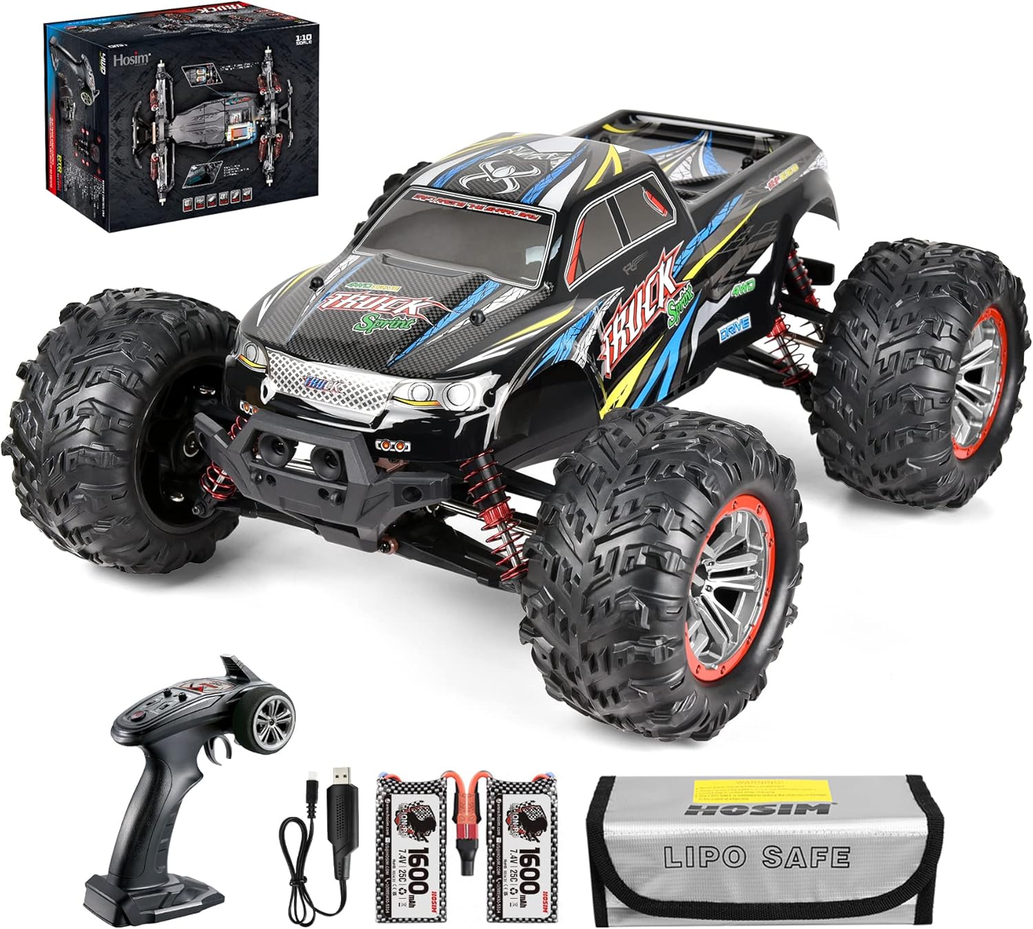 Hosim 1:10 Scale 46+ KMH High Speed Radio Control All Terrains Off Road Monster Truck, 40+ Min Play, Black