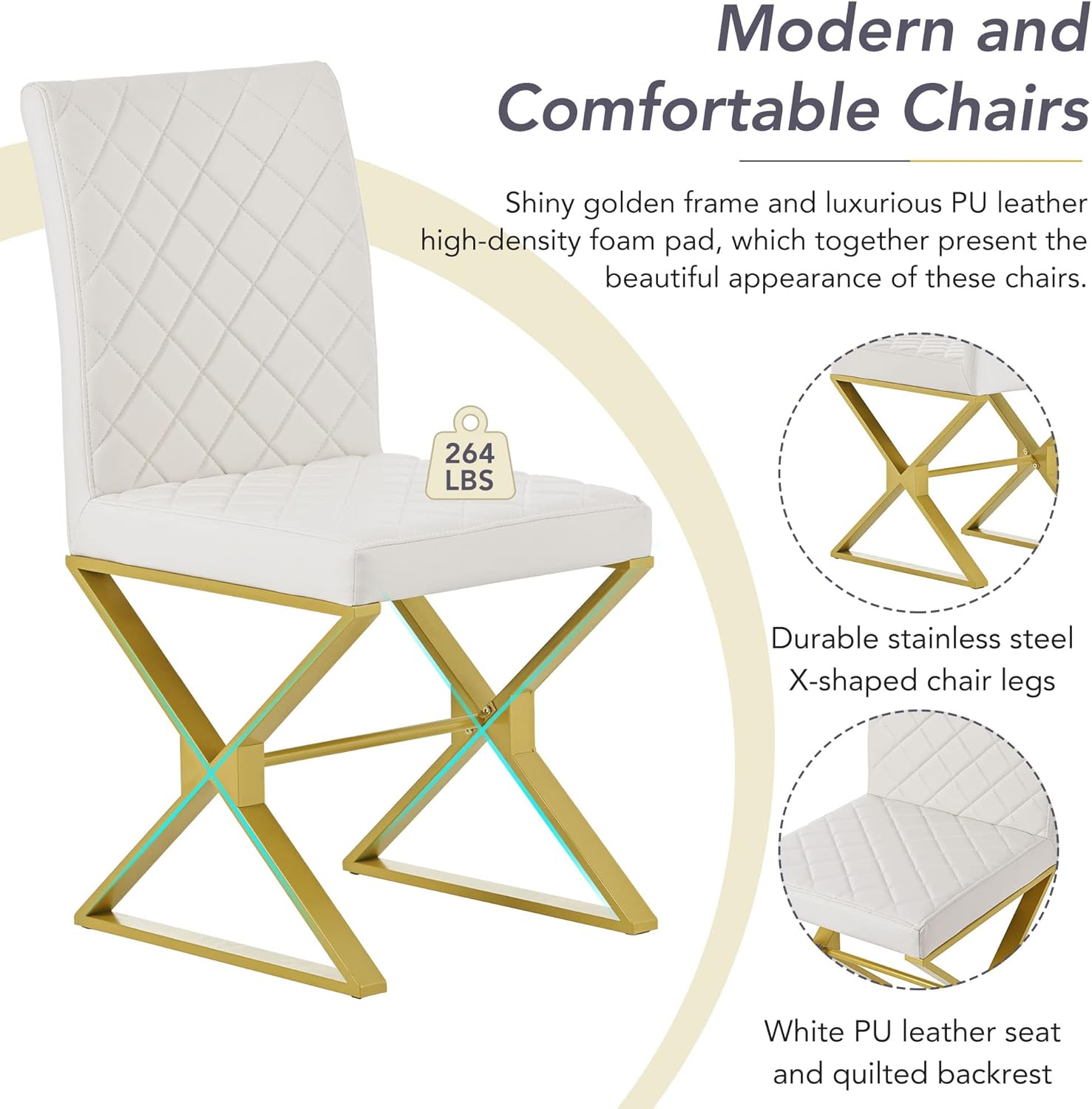 RITSU Modern 7-Piece Dining Table Set, Rectangular Marble Texture Surface and 6 Pu Leather Chairs, X-Shaped Golden Steel Tube Legs, Suitable for Living Rooms, Apartments, White, 60inch