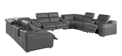 Ibero 12-Piece Italian Leather Sectional Sofa Set with 4 Recliners, Power Adjustable Headrests, USB and Wireless Phone Charger and Console Storage, Light Gray