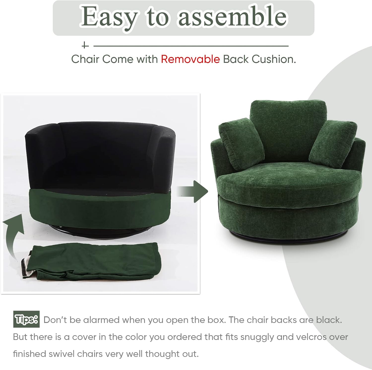 Oversized Swivel Chair Living Room Lounge, Modern Round Swivel Barrel Chair Bedrooms Club Chairs Boucle Upholstered Circle Big Accent Corner Chair with 3 Pillows(Green Chenille)