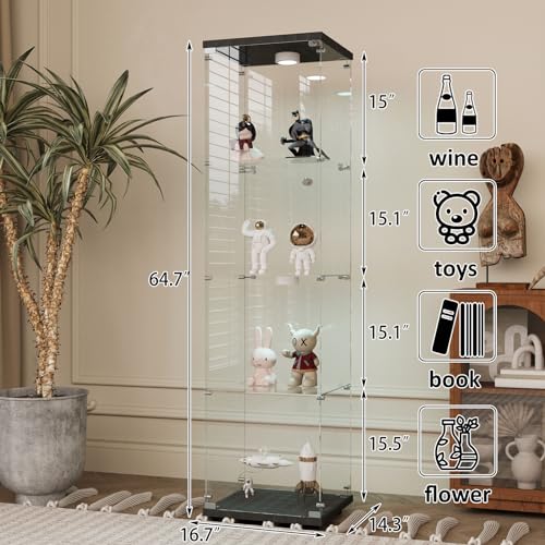 Two-Door Glass Display Cabinet 4 Shelves with Door, Floor Standing Curio Bookshelf for Living Room Bedroom Office, 64.7"*31.7"*14.3", White