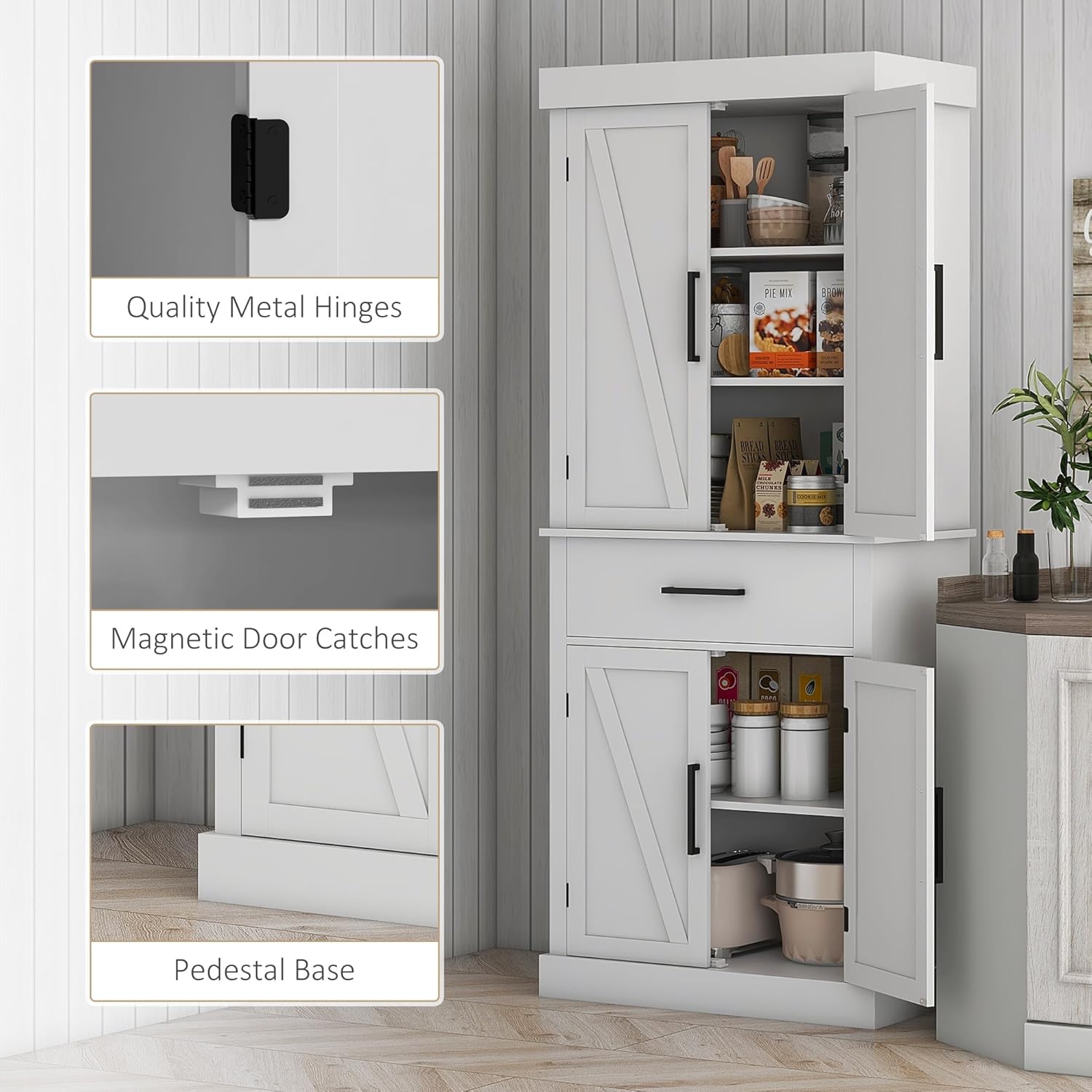 HOMCOM 72" Tall Kitchen Pantry Storage Cabinet, Farmhouse Freestanding Kitchen Cabinet with 4 Barn Doors, Drawer, 5-Tier Shelf and Adjustable Shelves, White