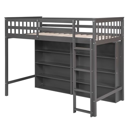 Modern Full Size Loft Bed with Cabinet and Bookshelf, Wood Loft Bed Frame with Built-in Desk and Wardrobe for Kids Teens Adults, Maximize Space (White-7.22)