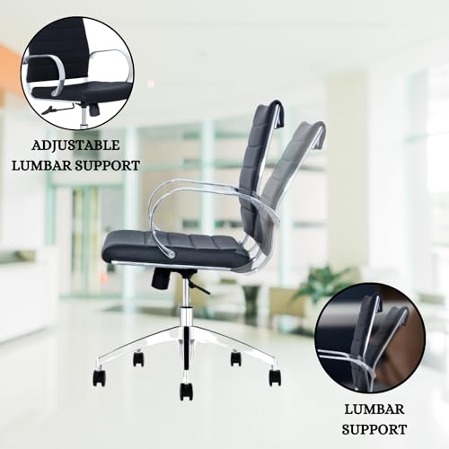 Ribbed Mid Back Conference Room Chairs - Lumbar Support, Modern Style Executive Chair for Home and Office - 360 Swivel Rolling Wheels - Aluminum Chrome Frame & Base - Black (Pack of 8)