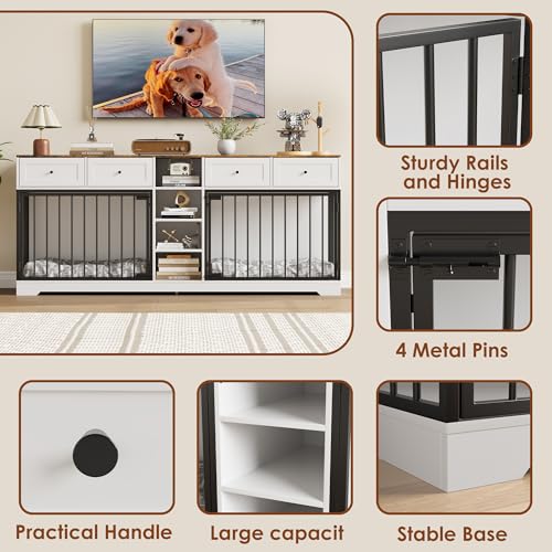 GarveeHome 82” Double Dog Crate Furniture, Large Dog Kennel Indoor for 2 Dogs, Heavy Duty Wooden Dog Crate TV Stand with 4 Drawers and Shelves, White