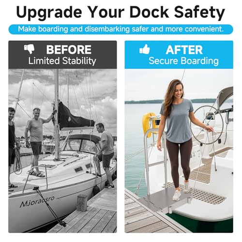Folding Boat Boarding Platform with Handrail – Anti-Rust Dock Steps for Lake, 500lbs Capacity, Non-Slip Surface, Ground Lock & Bumper Strip – Dock Ramp for Boats, Pontoons, Yachts