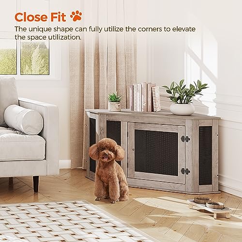 Corner Dog Crate Furniture, Wooden Dog Kennel End Table, Decorative Pet Crate Indoor Use, Furniture Style Dog House for Small Medium Dog, Dog Cage TV Stand, Greige and Black DCHG0801
