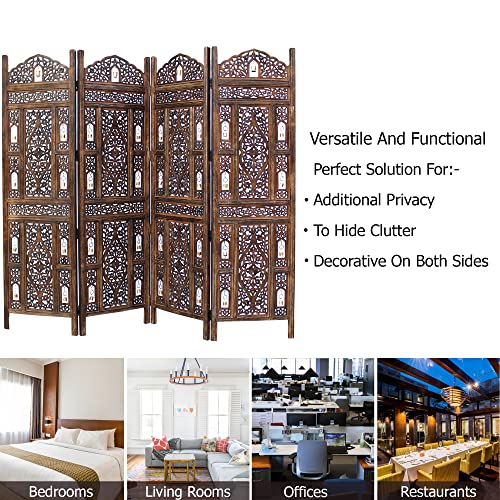 Room Divider Wood Screen - Ghanti Bells Antique Brown - 4 Panel Folding 72 x 80 - Assembled Hand Carved Decorative Functional Versatile Portable Partition Reversible Privacy Boho - COTTON CRAFT