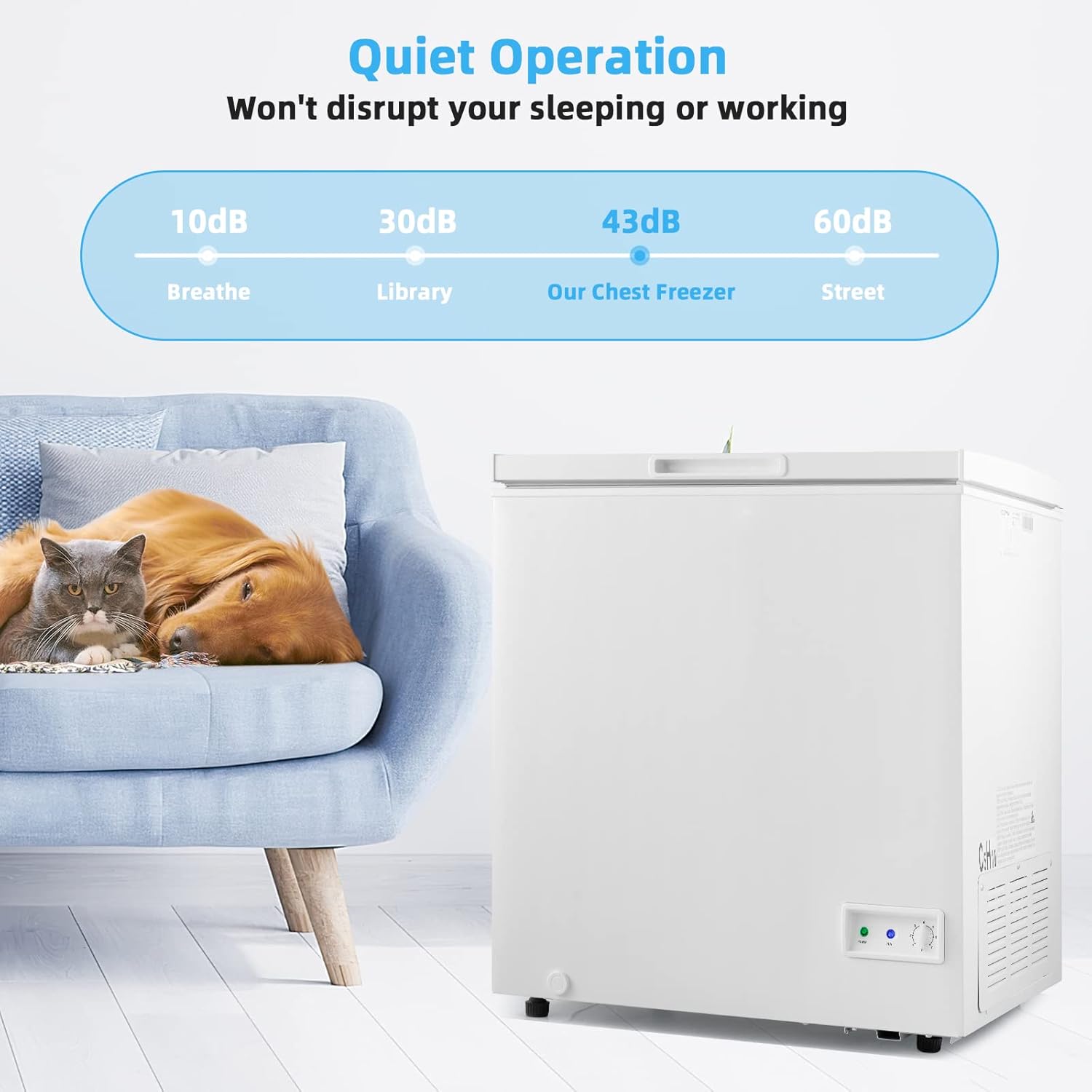 PETSITE 5 cu ft Chest Freezer, Compact Deep Freezer w/ 7-Grade Adjustable Temperature, Removable Storage Basket & 2 Wheels, Quiet & Energy-saving Freezer for Kitchen Apartment Office, White